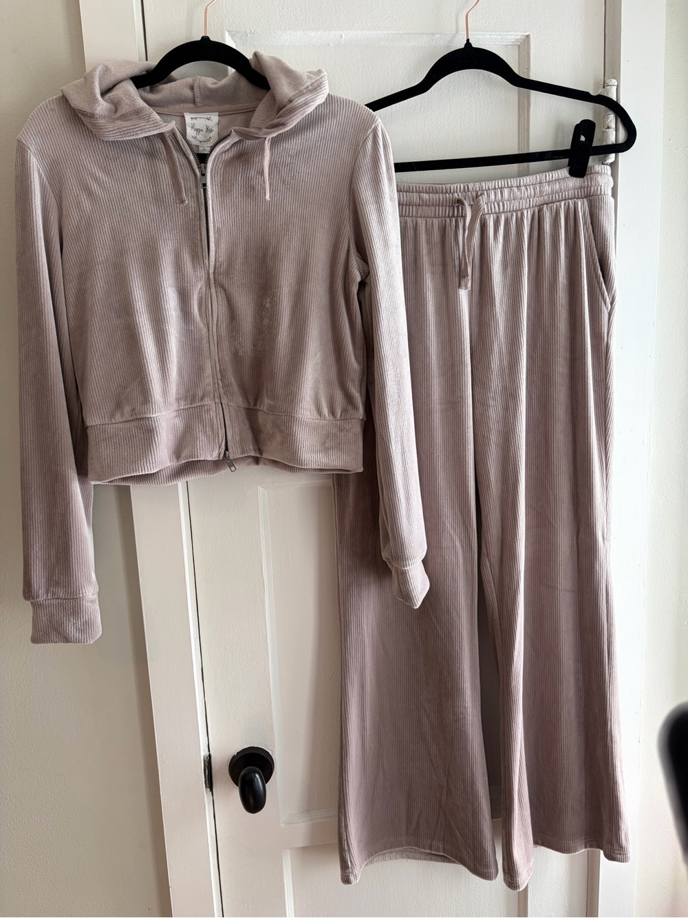 Hippie Rose Ribbed Velour Zip Hoodie and Wide-Leg Lounge Pants - Dusty Mauve